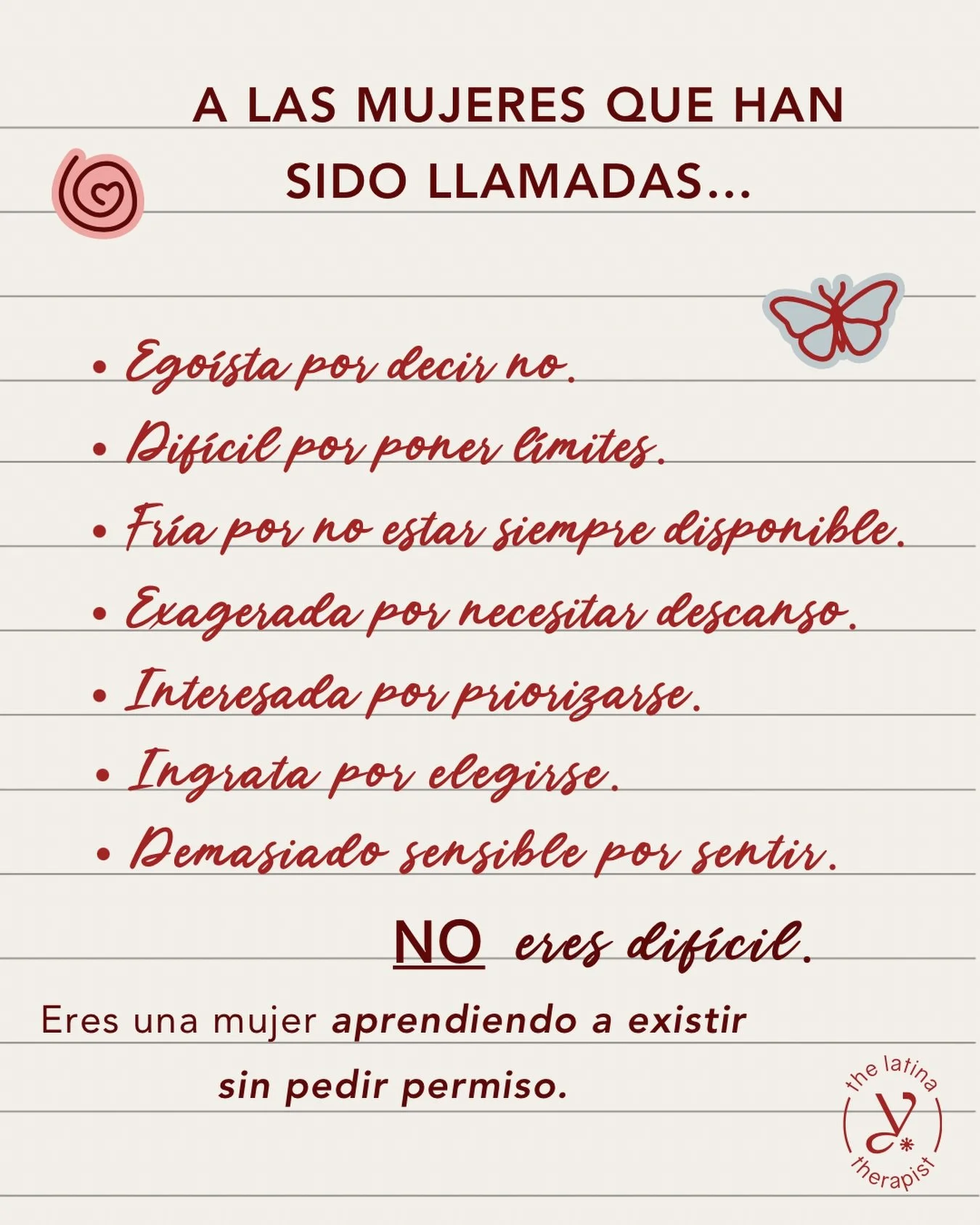 Te llamaron ego&iacute;sta por decir no.
Dif&iacute;cil por poner l&iacute;mites.
Fr&iacute;a por no estar siempre disponible.

Y t&uacute;&hellip; les cre&iacute;ste.

Empezaste a hacerte peque&ntilde;a para que nadie se incomodara. A pedir perd&oac