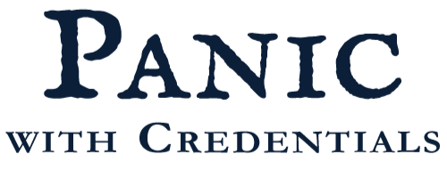The logo of the book 'Panic with Credentials' features the title in bold, dark blue text on a black background.