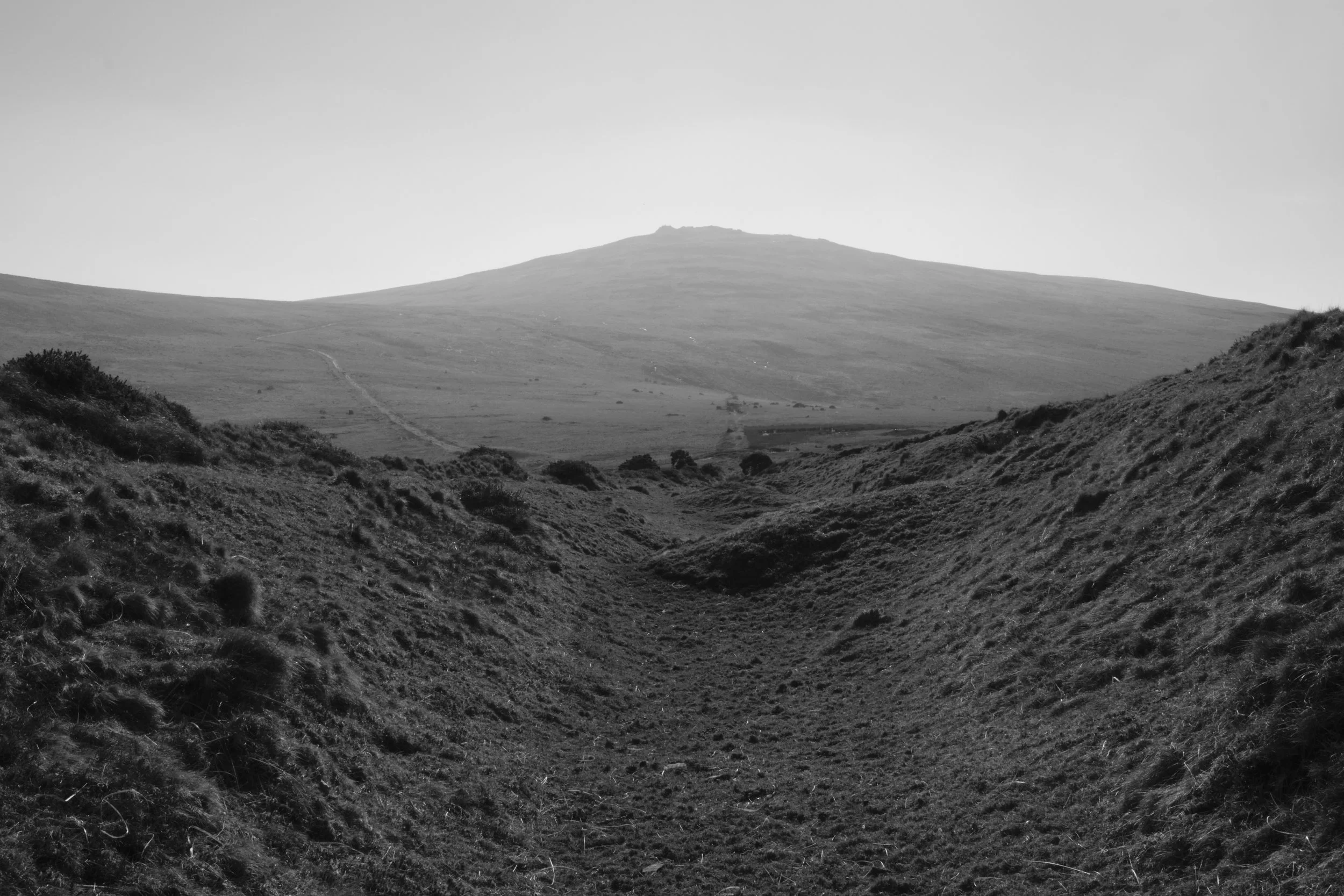 Black and white photo of a grass-covered landscape with a dirt trail leading toward distant rolling hills and a mountain.