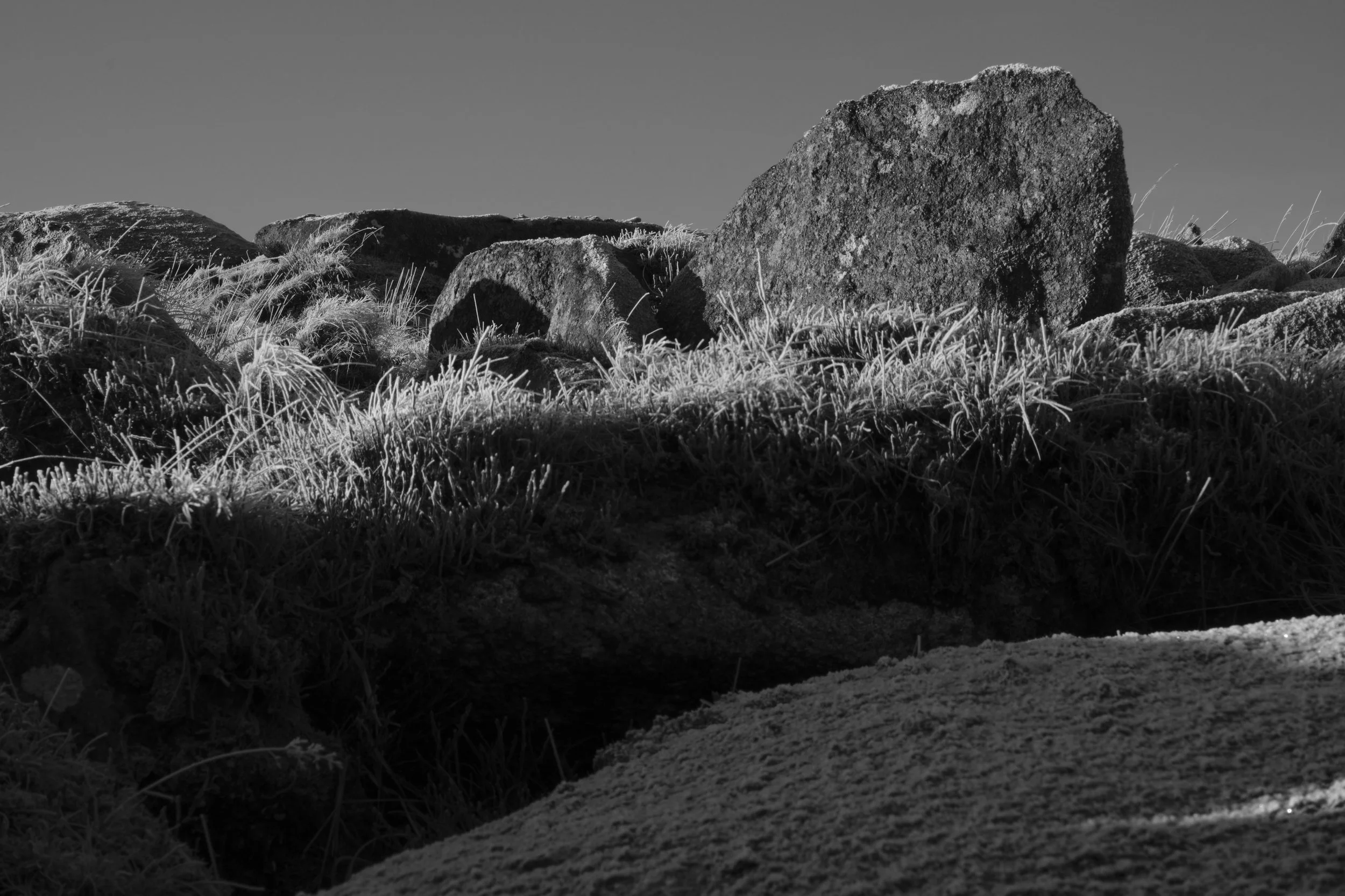 Black and white photo of rugged rocks partly covered with grass, casting shadows on each other. The scene feels serene against a clear sky.