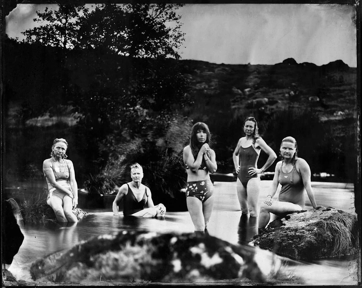 Black and White Photograph depicting wild swimmers on Dartmoor.