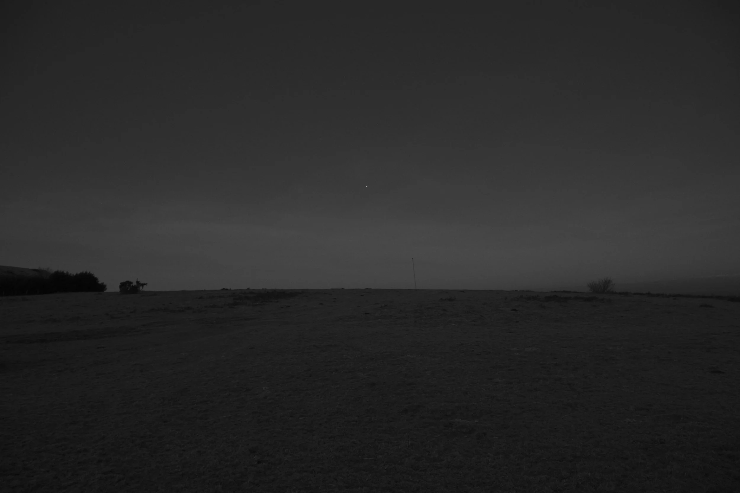 A dark, empty landscape under a dimly lit, cloudy sky creates a somber and mysterious atmosphere. Sparse vegetation and flat terrain stretch into the distance.