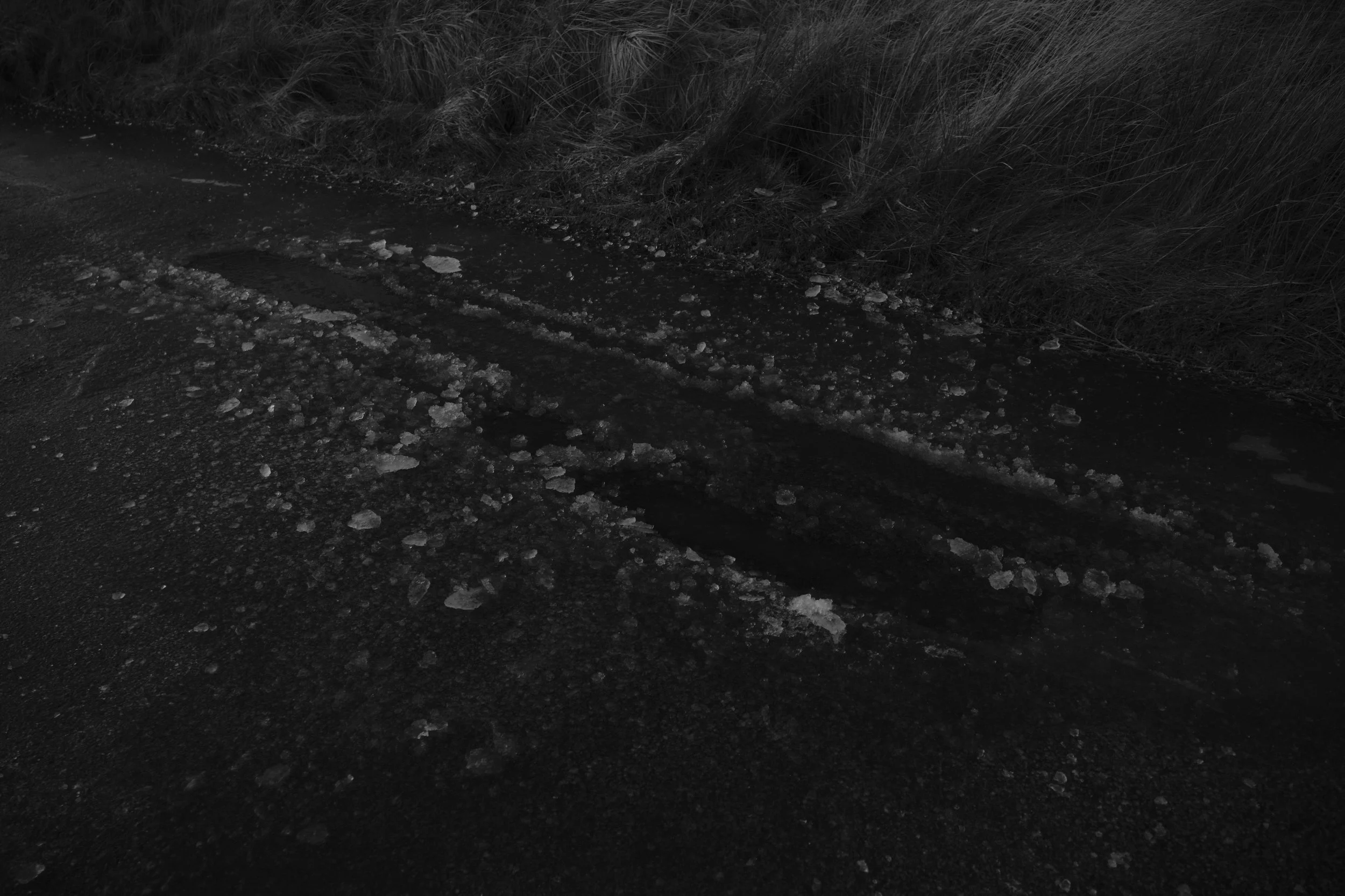 Dark, moody image of an icy, slushy road flanked by tall grass. The rough texture of ice contrasts with the smooth, wet surface, evoking a chilly atmosphere.