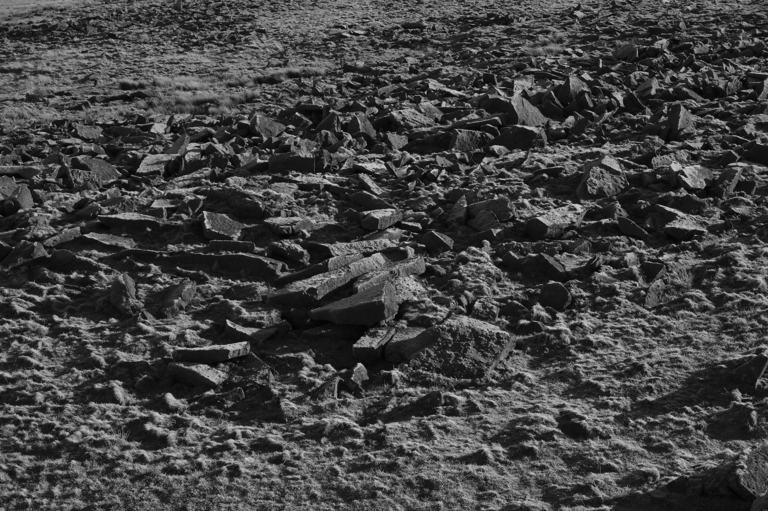A grayscale image of a rocky, uneven terrain. The ground is covered with a scattering of rocks of various sizes, creating a rugged and desolate landscape.