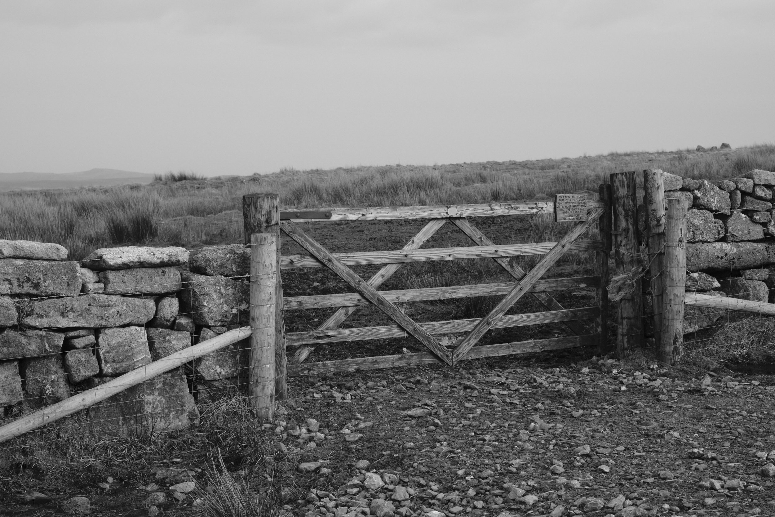 A rural landscape with a wooden gate and stone fences, grassy fields, and a cloudy sky in black and white.