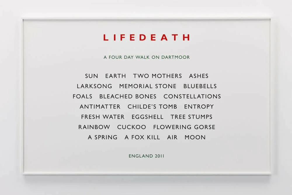Poster featuring words printed in capital letters from Life Death by Richard Long.