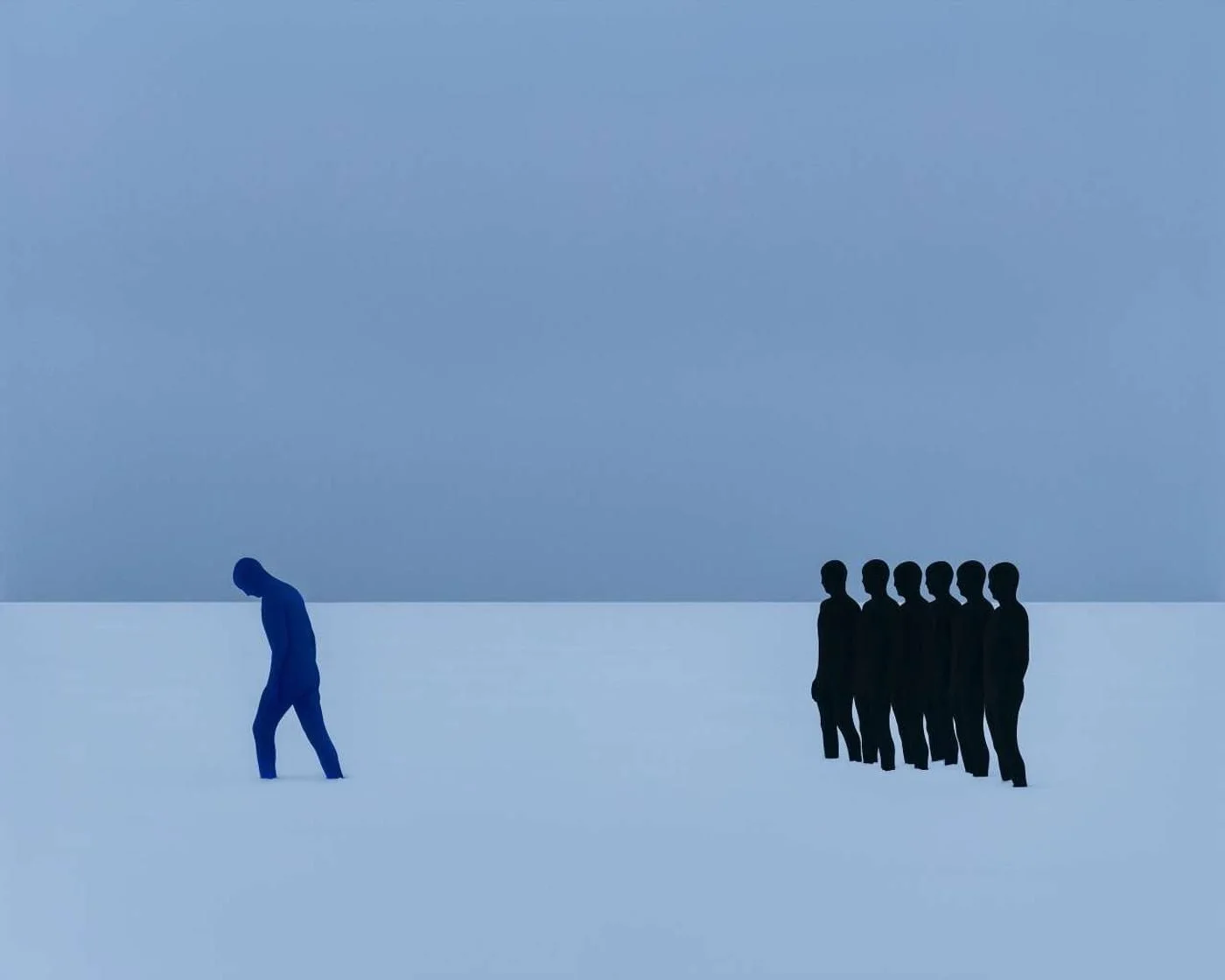 Colour photograph from Gabriel Isak of someone in a blue morph suit on the left side of frame walking away from six people in black morph suits against a pale sky and walking through snow