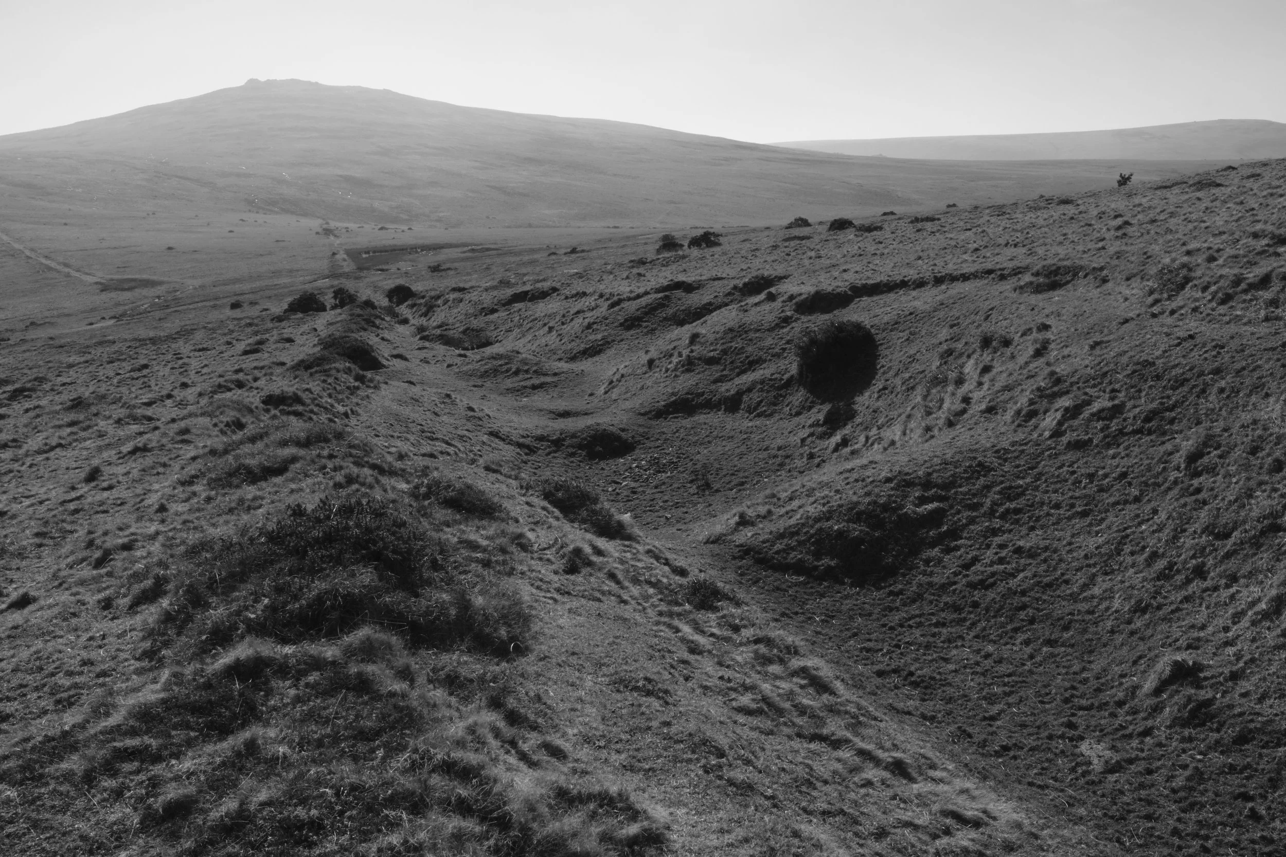 Black and white image of a vast, rugged landscape with rolling hills, a distant peak, and sparse vegetation, conveying solitude and timelessness.