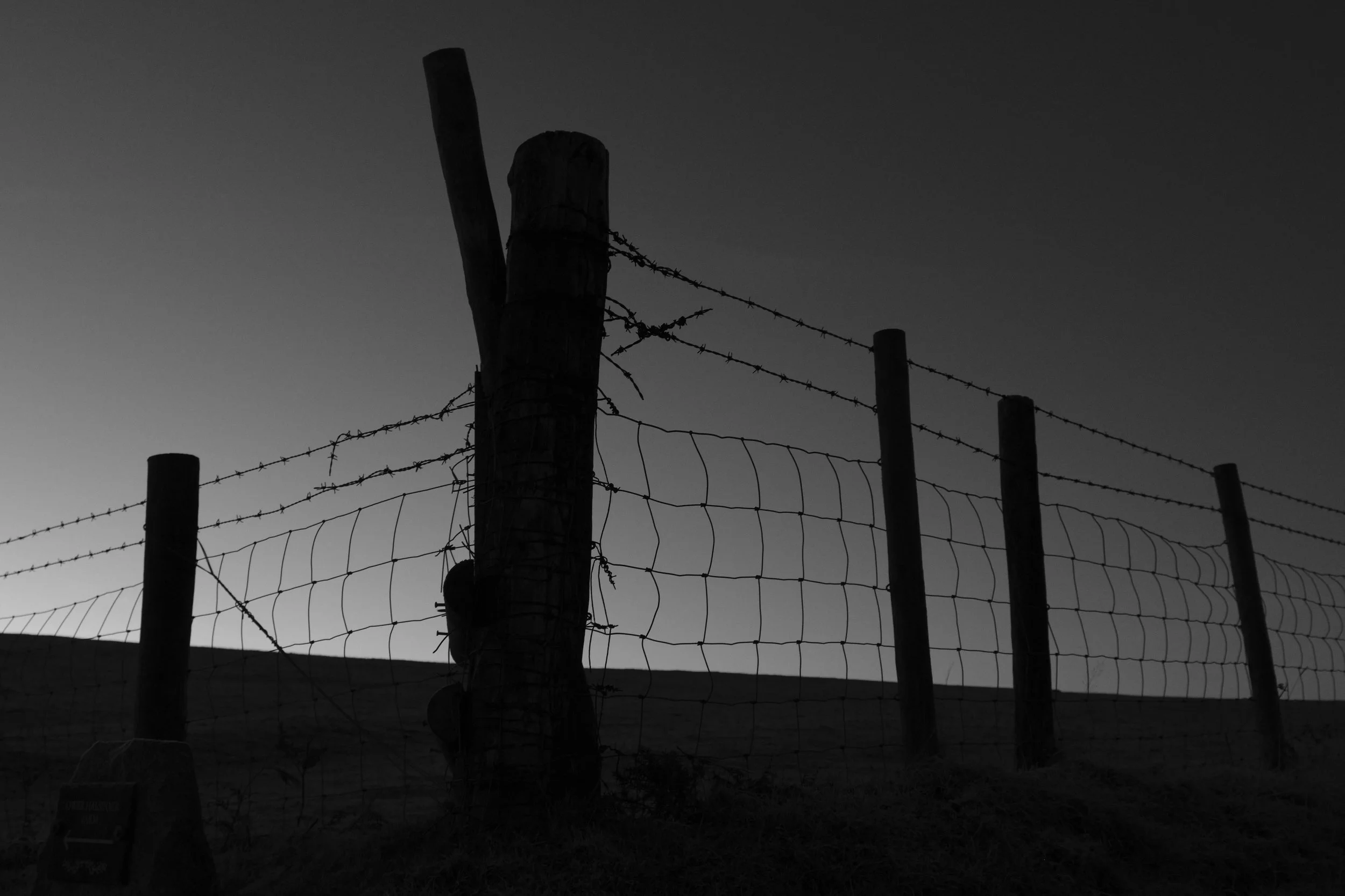 Silhouette of a barbed wire fence at dusk, with wooden posts against a dimly lit sky, conveying a sense of solitude and tranquility.