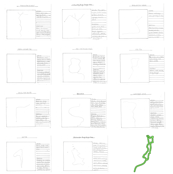 Nine hand-drawn trail maps with square frames and side notes in a grid layout. Trails are minimalist lines, varying slightly in shape. The bottom right features a green trail map, contrasting with the others. Tone is simple and informative.
