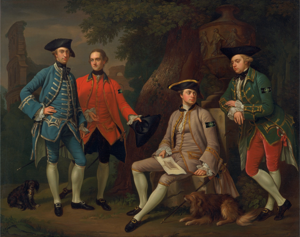 Painting in the style of French Renaissance with all subjects wearing a Stone Island badge on their sleeve