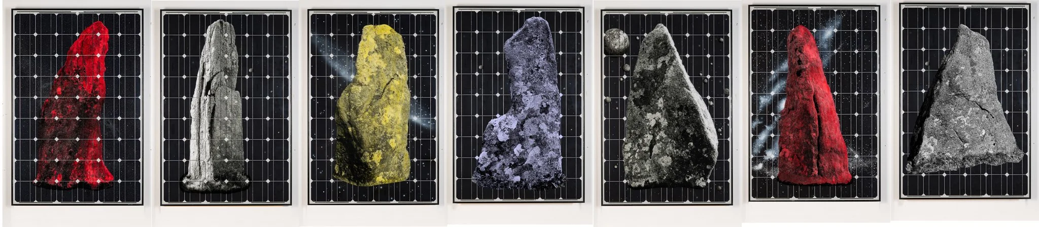 Colour photographs of seven stones from Dartmoor National Park against a black gridded background
