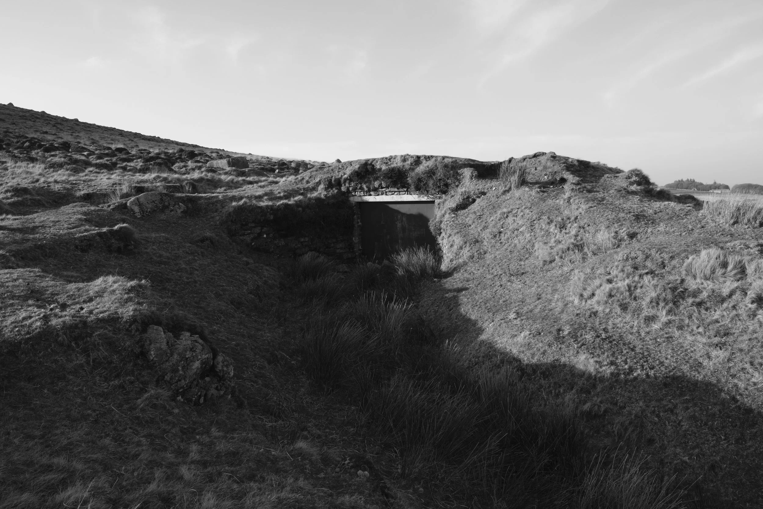 A black and white landscape featuring a grassy, hilly terrain with a small tunnel or culvert at the center, surrounded by rocks and vegetation under a partly cloudy sky.
