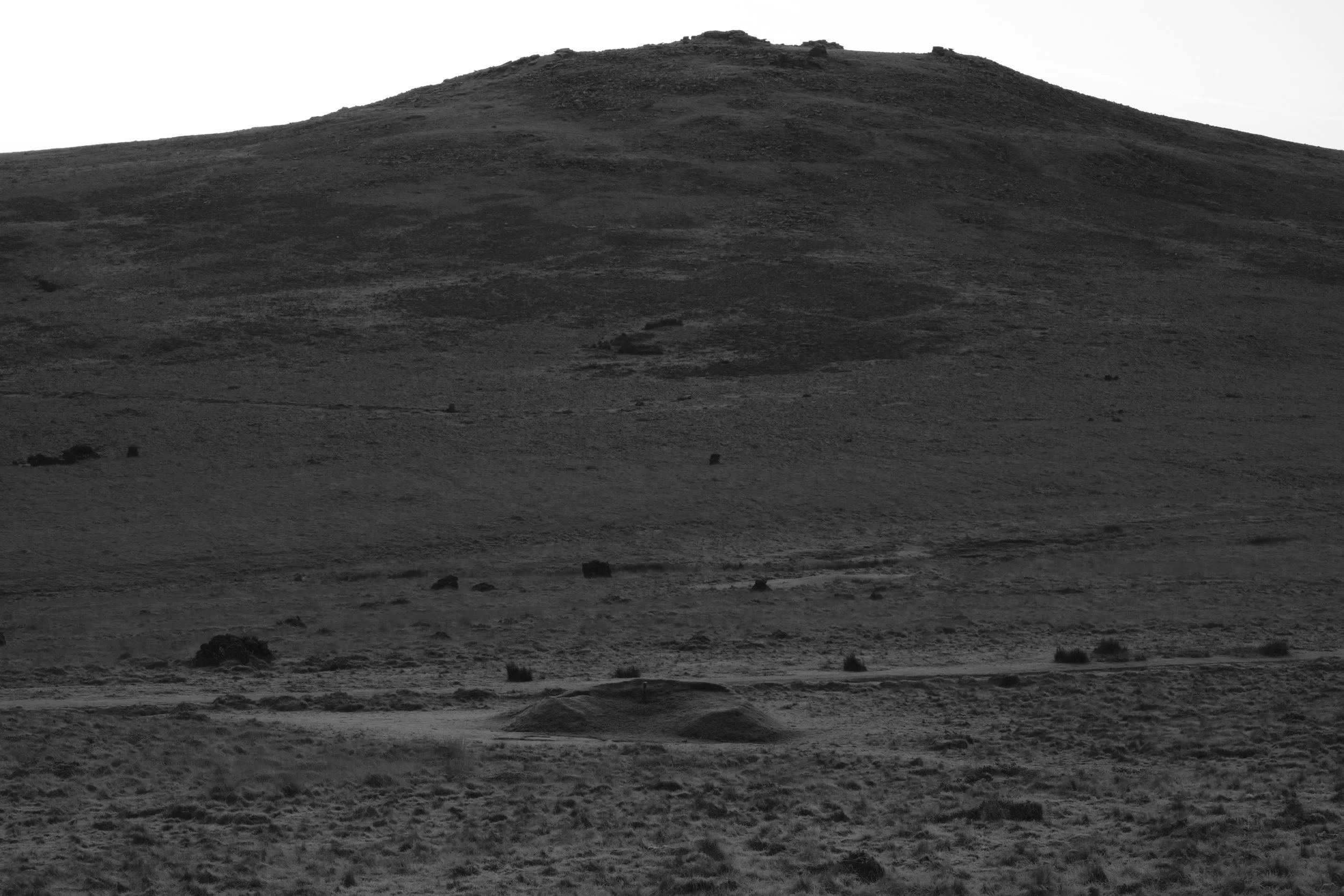 A black-and-white image of a gently sloping hillside covered with sparse vegetation. The foreground features a flat, barren landscape, creating a tranquil, desolate feel.