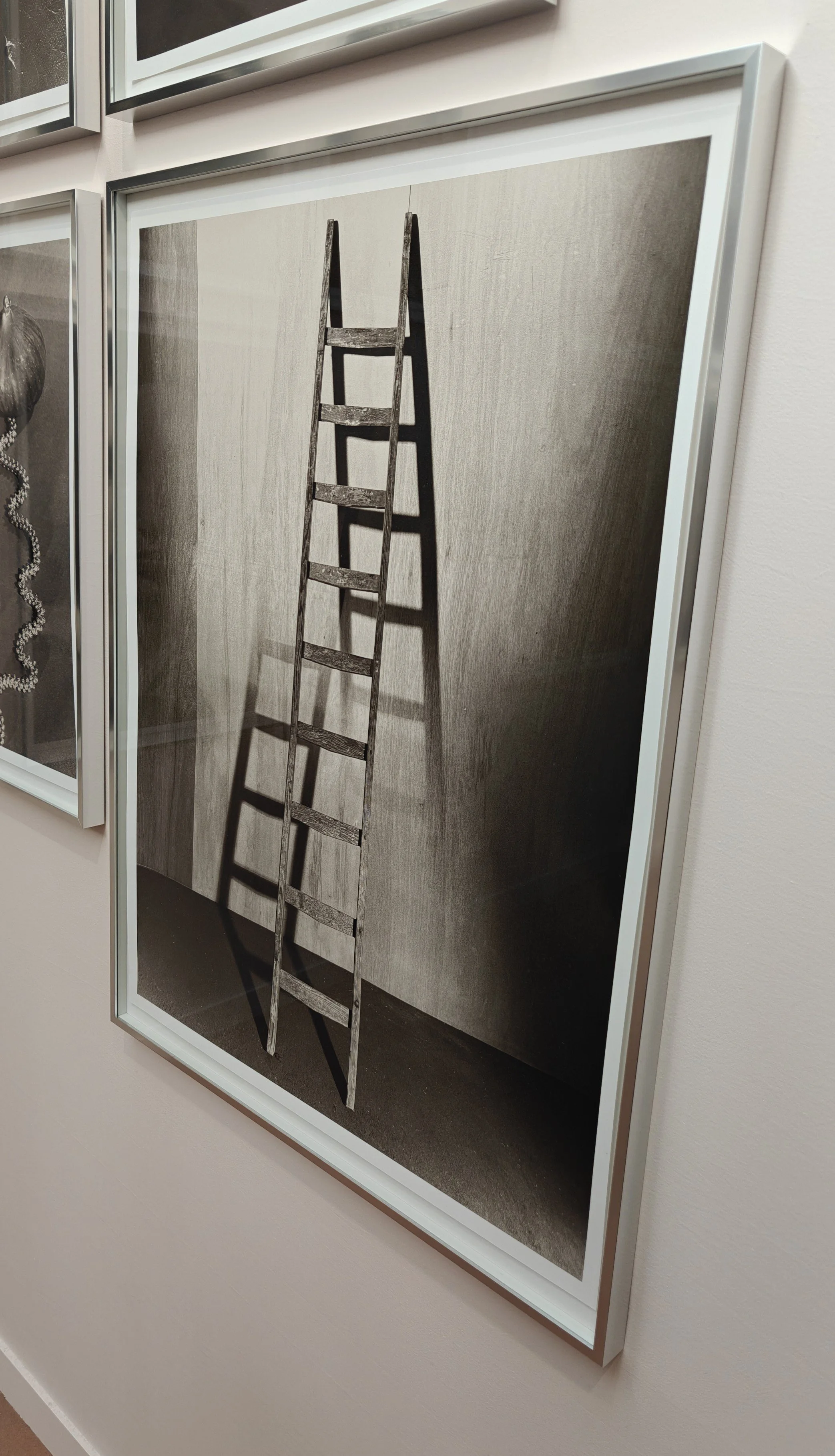A black and white photograph os a step ladder in a frame being exhibited at Paris Photo by Paul Kooiker.