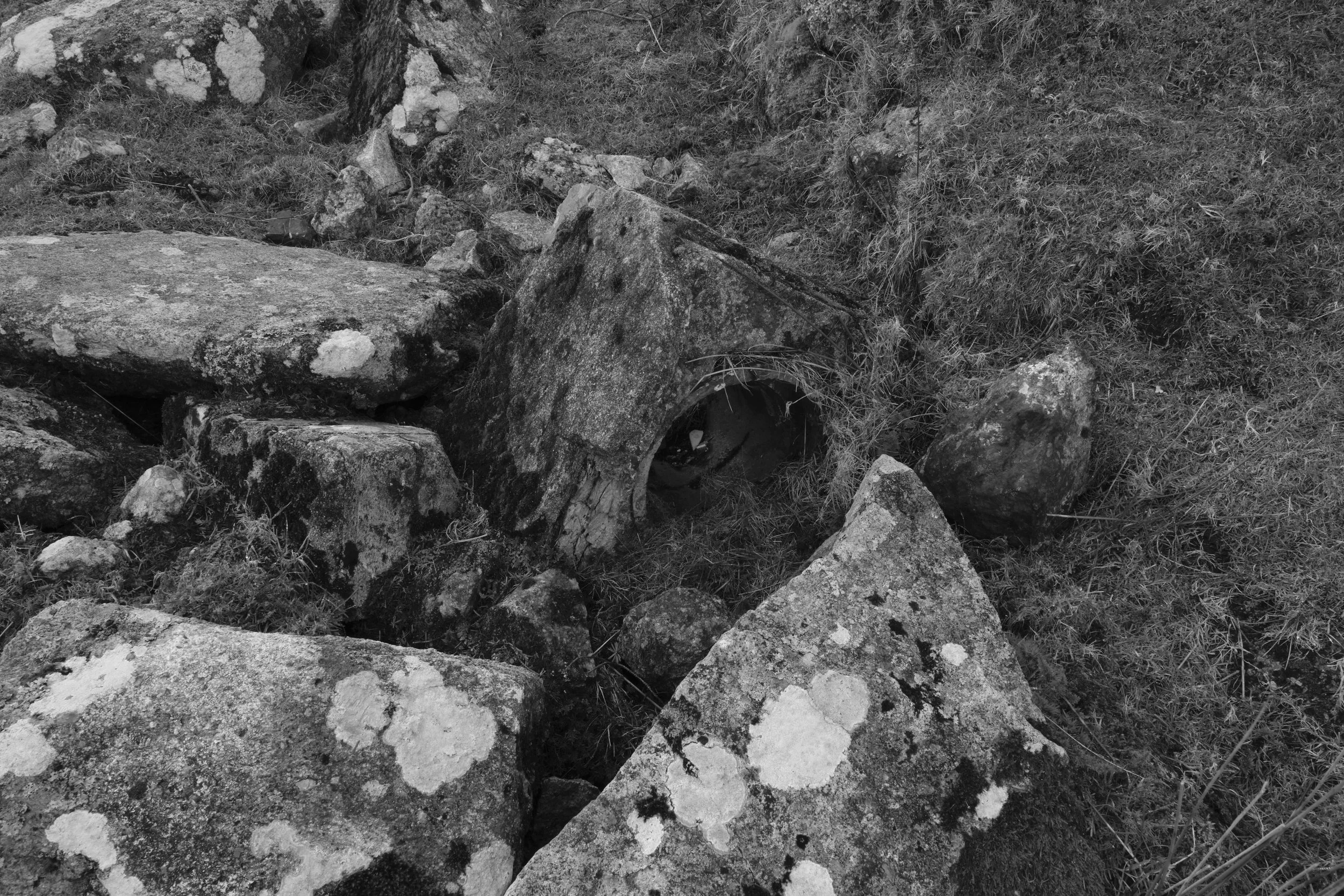 Rocks and dry grass with a small, hollow, circular pipe or tunnel amongst the rocks.