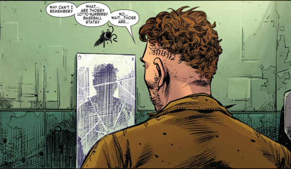 Illustration from The Prox Transmissions comic by MARVEL. A man stares at a mirror with the numbers 37773912 tattooed on the left side of his head. He wears a brown jacket and a cockroach can be seen just above the mirror.