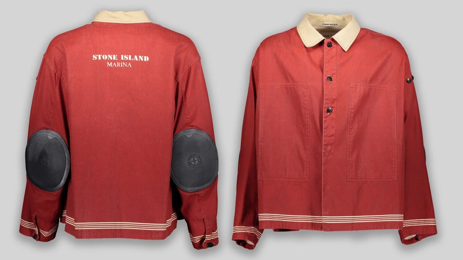 Photograph of a Red Stone Island Marina Jacket from 1988.