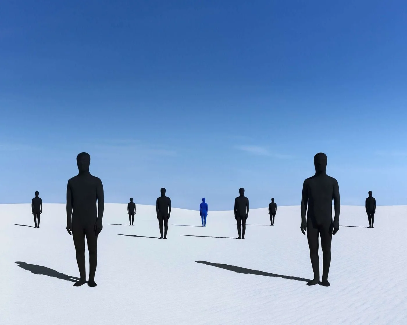 Colour photograph from Gabriel Isak of several figures in black morph suits with one in a blue morph suit against a blue sky and white sand.