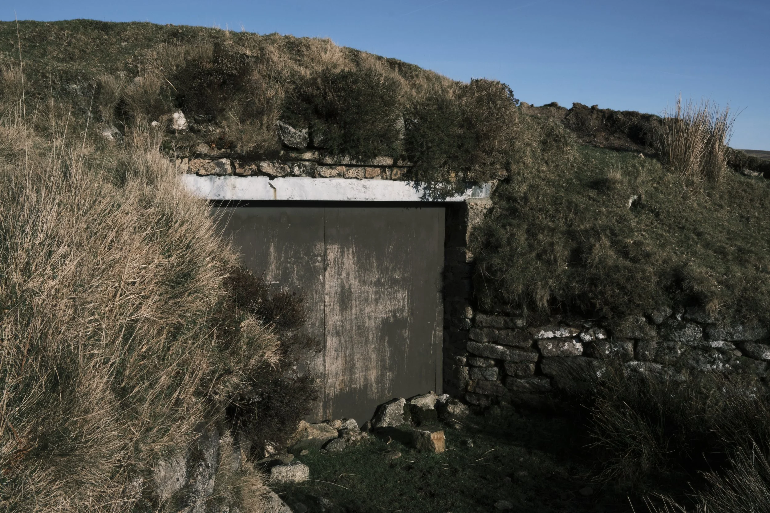 Grass-covered bunker entrance with a worn metal door, partially hidden by overgrown shrubs and rocks, evokes a sense of mystery and abandonment.