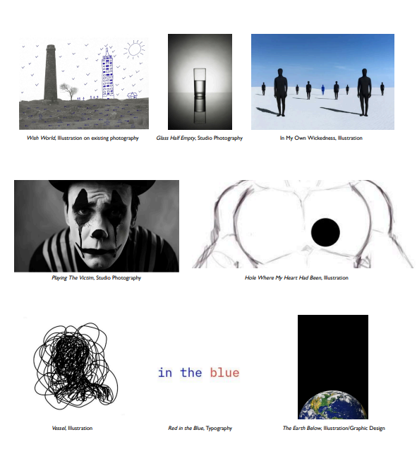 A collage of artistic images: a sketched tower, a dimly lit glass, shadows in a desert, a sad clown, abstract heart illustration, tangled lines, "in the blue" text, and Earth from space.