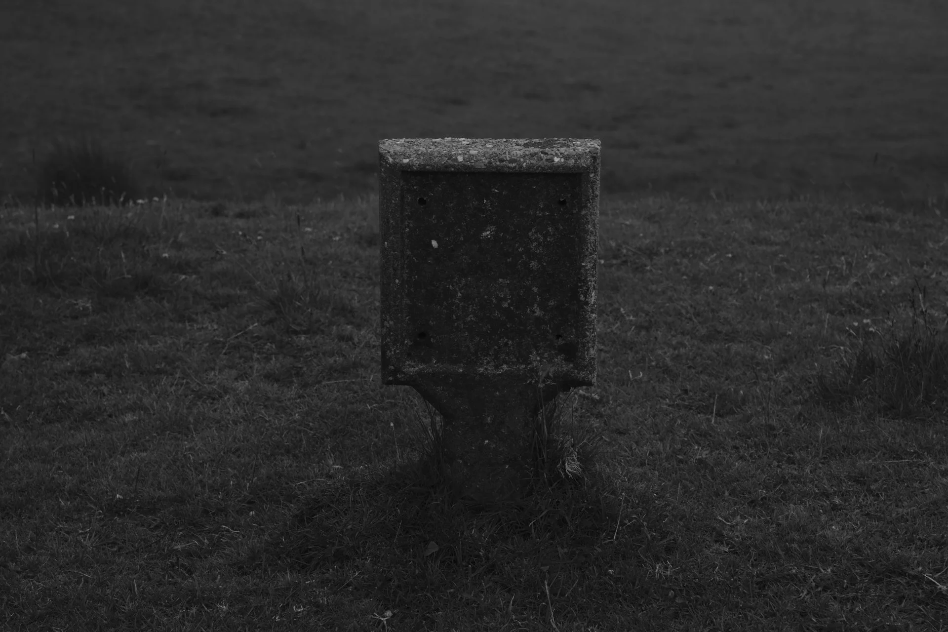 A black and white photo of an old, weathered concrete post on grass in an open field.