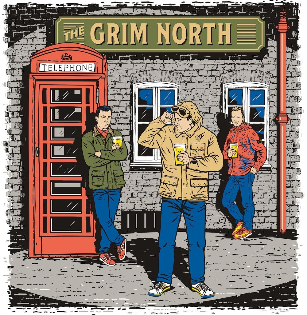 Illustration of men with alcohol wearing CP Company and Stone Island jackets with a red telephone box on the left of the image