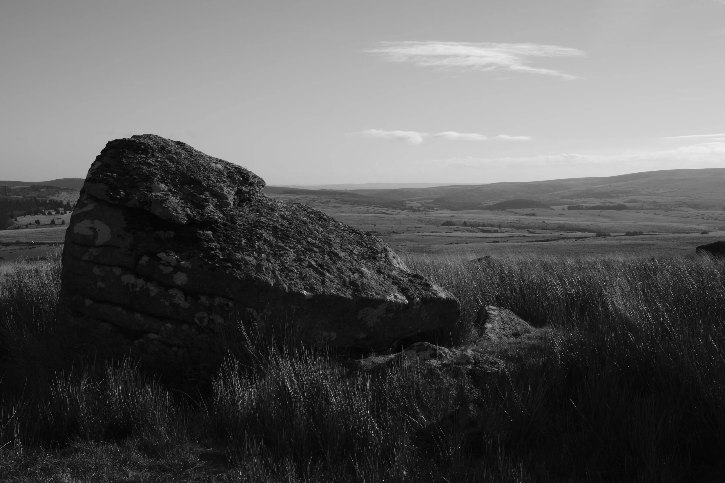 Black and white image of a large, textured rock in the foreground surrounded by tall grass. The horizon stretches to distant hills under a partly cloudy sky.