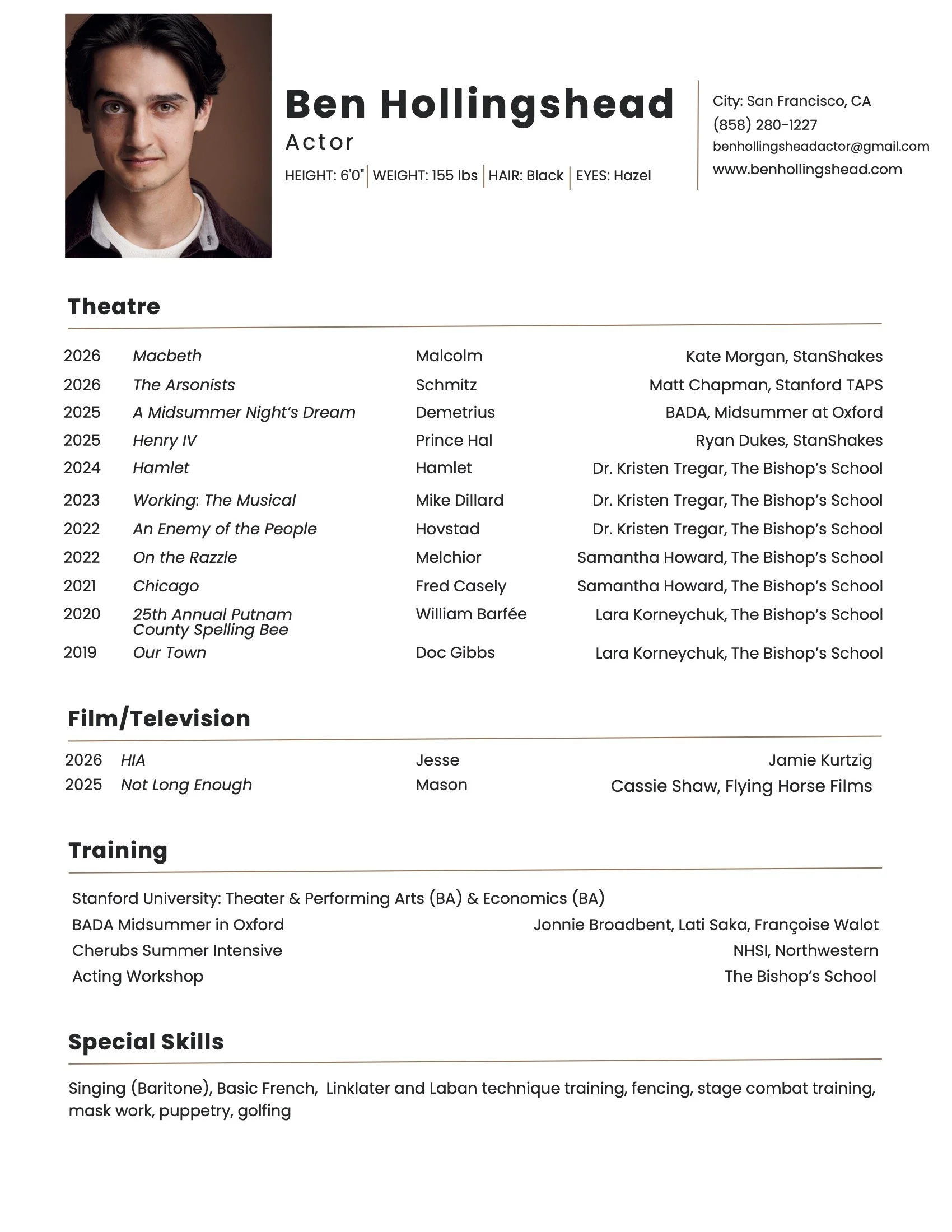 A resume for Ben Hollingshead featuring a headshot photograph of a young man with dark hair, wearing a collared shirt. The resume details personal information, acting and filmography experience, training, and special skills.
