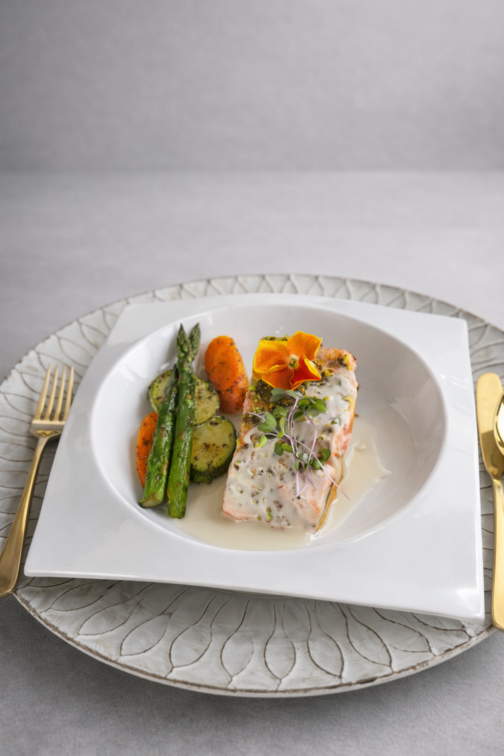 Filete de salmón cubierto con salsa blanca, adornado con flores comestibles y microvegetales, acompañado de espárragos, zanahorias y calabacines asados, servido en un plato blanco con cubiertos dorados.