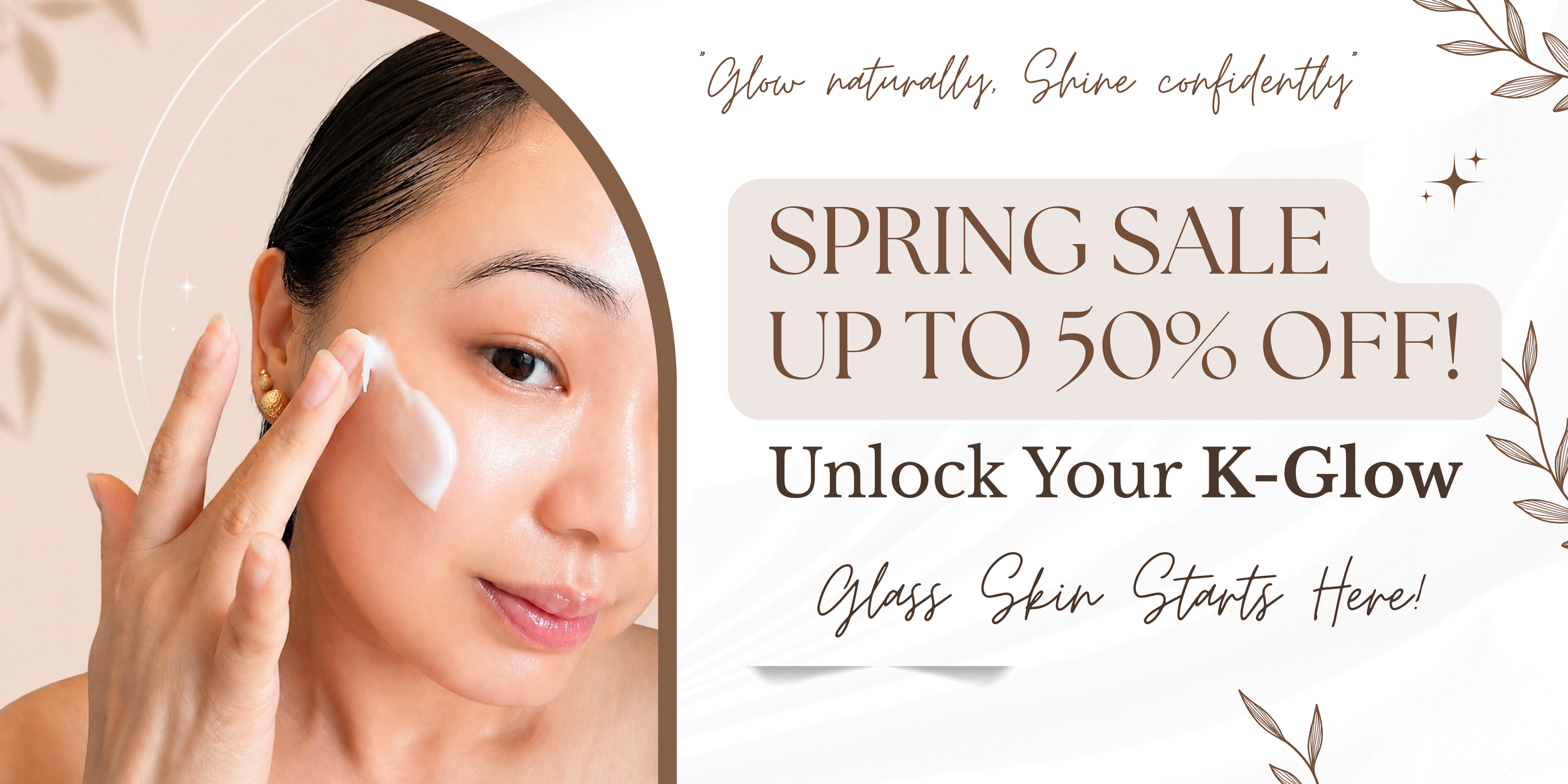 A woman with a light complexion applying skincare cream on her face, with promotional text for a spring sale offering up to 50% off on skin products, encouraging to unlock her K-glow.