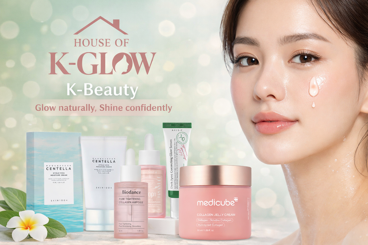 The image displays a young woman with dewy skin and a drop of serum on her cheek, alongside a collection of skincare products including collagen cream, ampoule, and serum, with a backdrop of soft, glowing light and green leaves.