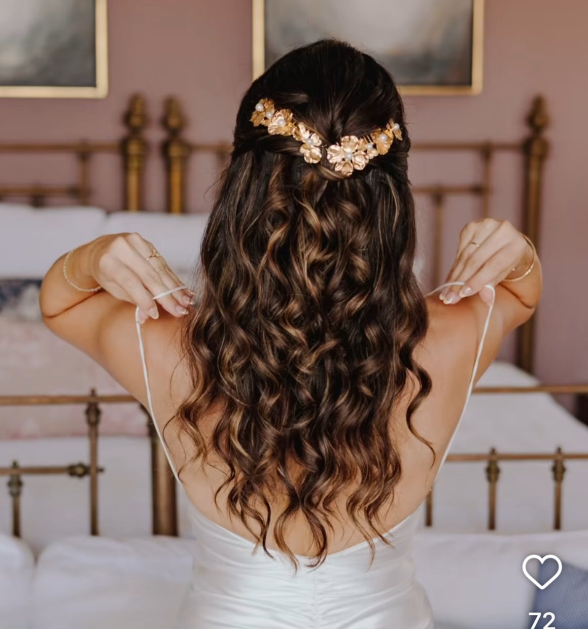 Bride with long, curly hair wearing a floral hair accessory, at ekaterini estate corfu.