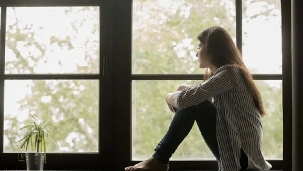 Junge Frau sitzt nachdenklich vor einem großen Fenster mit grünen Bäumen im Hintergrund. Sie macht sich Gedanken und es scheint, als ob sie psychisch angeschlagen ist.