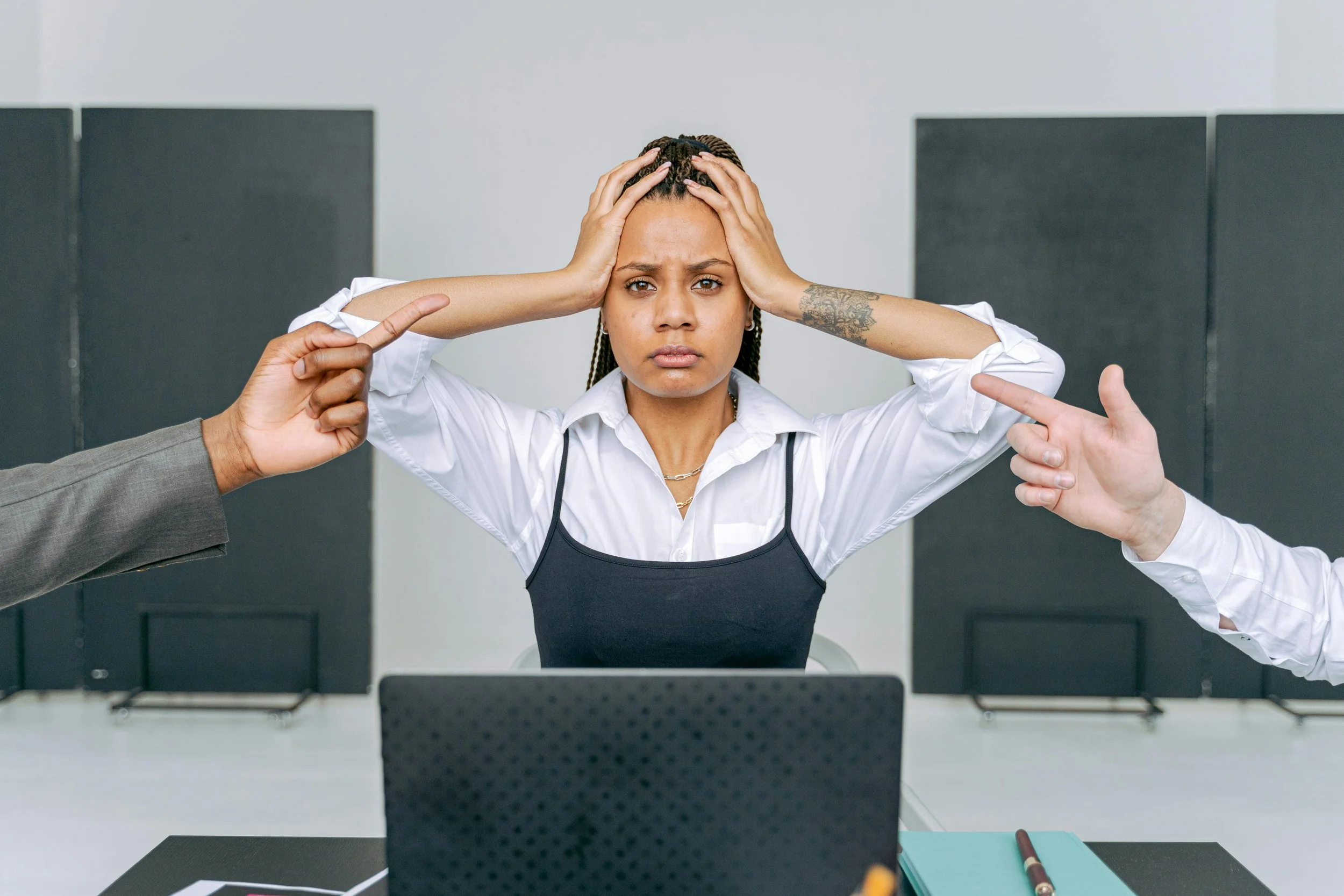Black corporate exec and mother of two stressed at end of board meeting and realizing she finally needs to take the step to schedule with a therapist for more support.