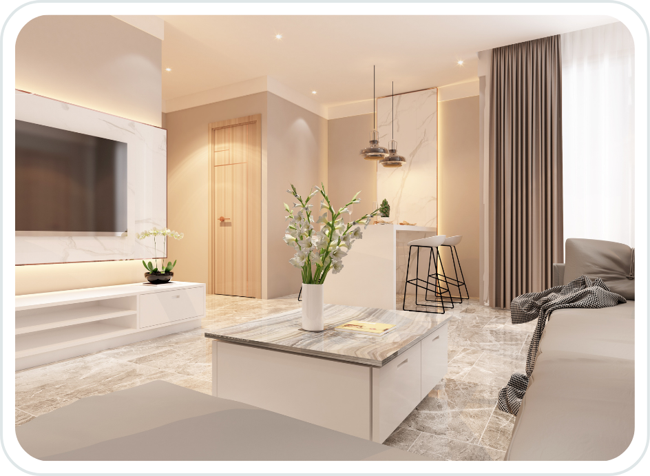 Modern living room with neutral color scheme, large TV on wall, white entertainment unit, marble-topped coffee table with flowers, light wood door, elevated bar area with barstools, and curtains covering large window.