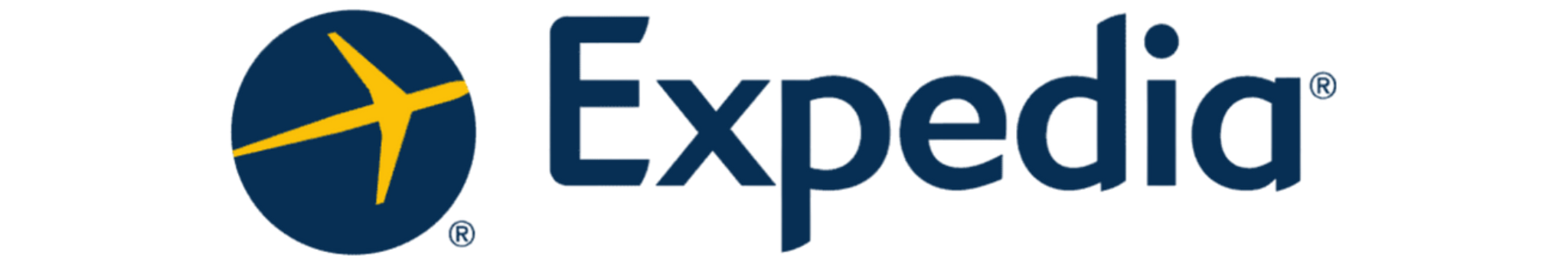 Expedia logo featuring a blue circle with a yellow stylized airplane and the word 'Expedia' written in blue.