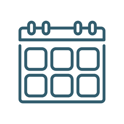 Outline of a weekly calendar with six square date fields.