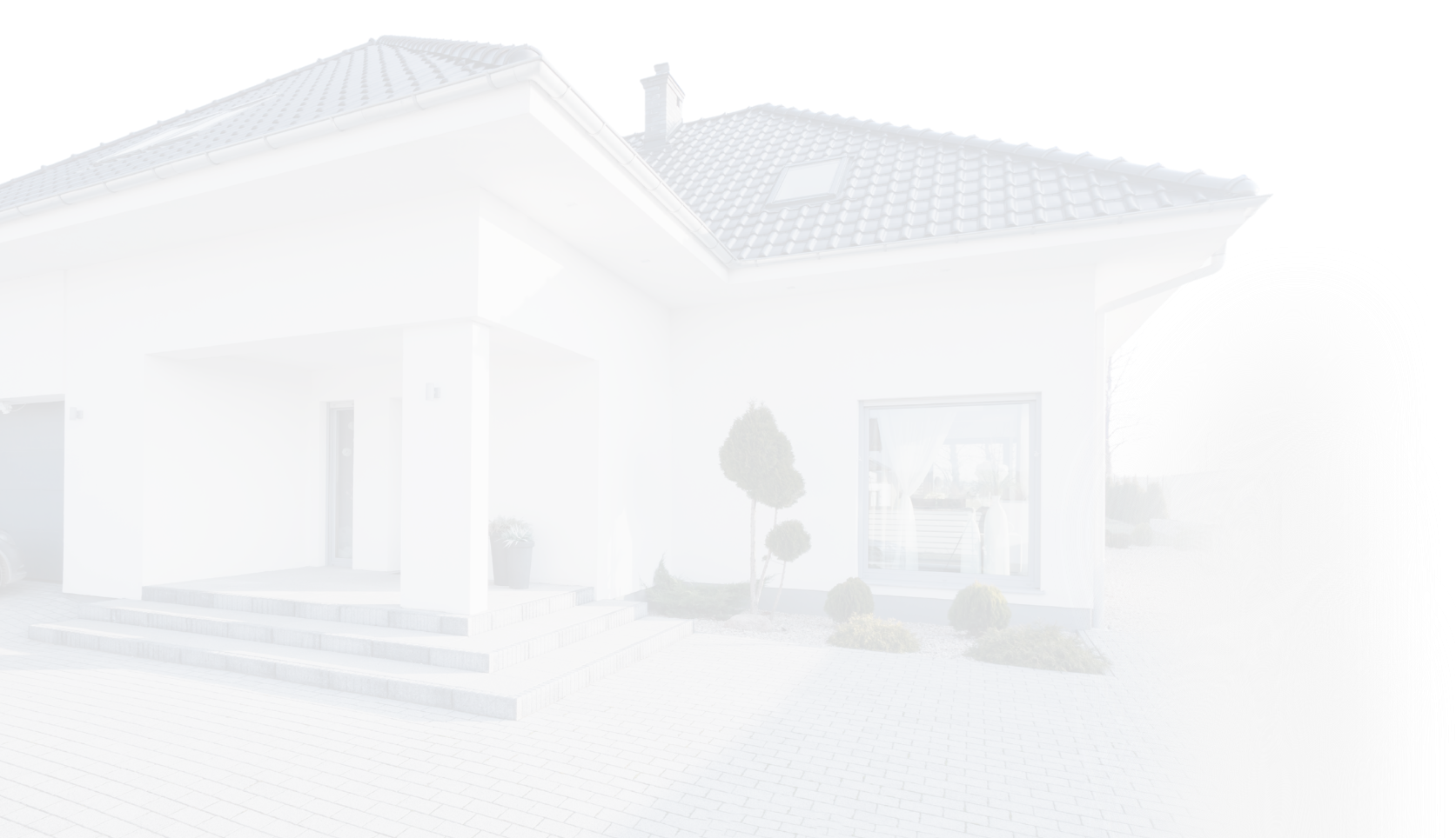 Modern white house with gray tiled roof, large front window with curtains, and landscaped garden with small trees and bushes.