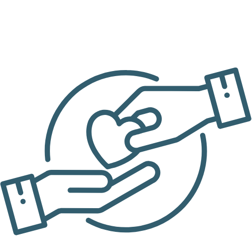Outline of two hands exchanging a heart-shaped object.
