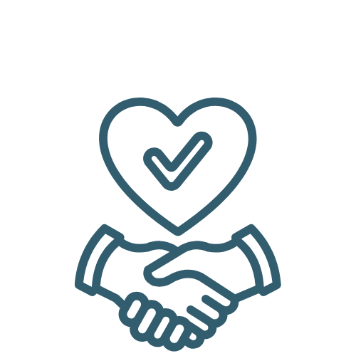 Illustration of two hands shaking with a heart and checkmark above, symbolizing agreement or trust.