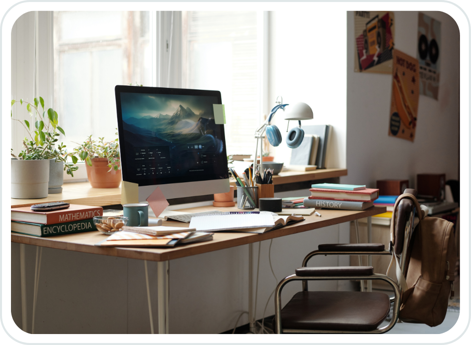 A cluttered desk with books, notebooks, and stationery, a desktop computer, potted plants, hanging headphones, and personal items in a well-lit room with posters on the wall.