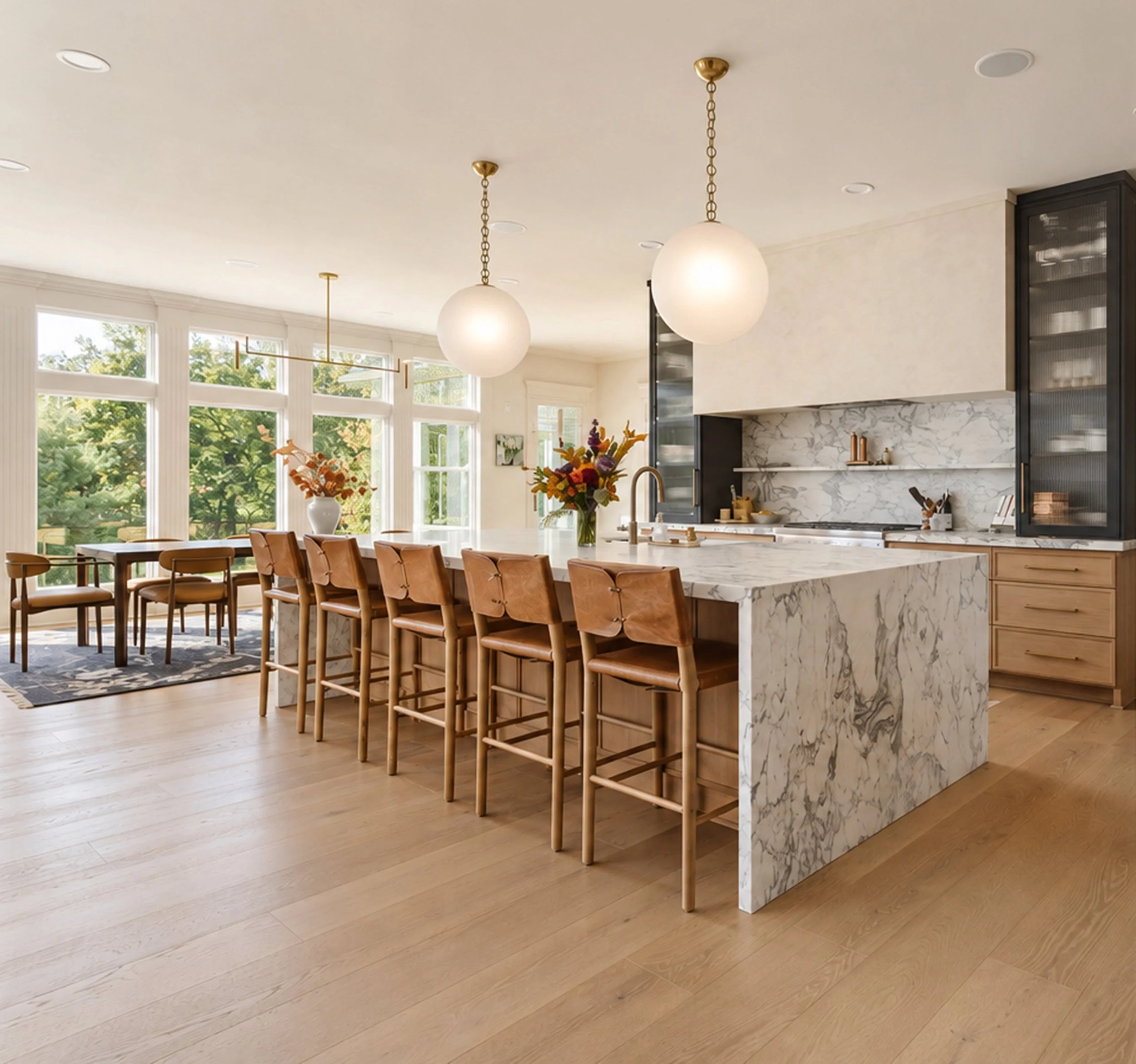 Large italian marble island with thick mitered edge and waterfall ends. Custom plaster range alcove with flanking towers with reeded glass inserts and petite shaker rift-sawn white oak cabinets.