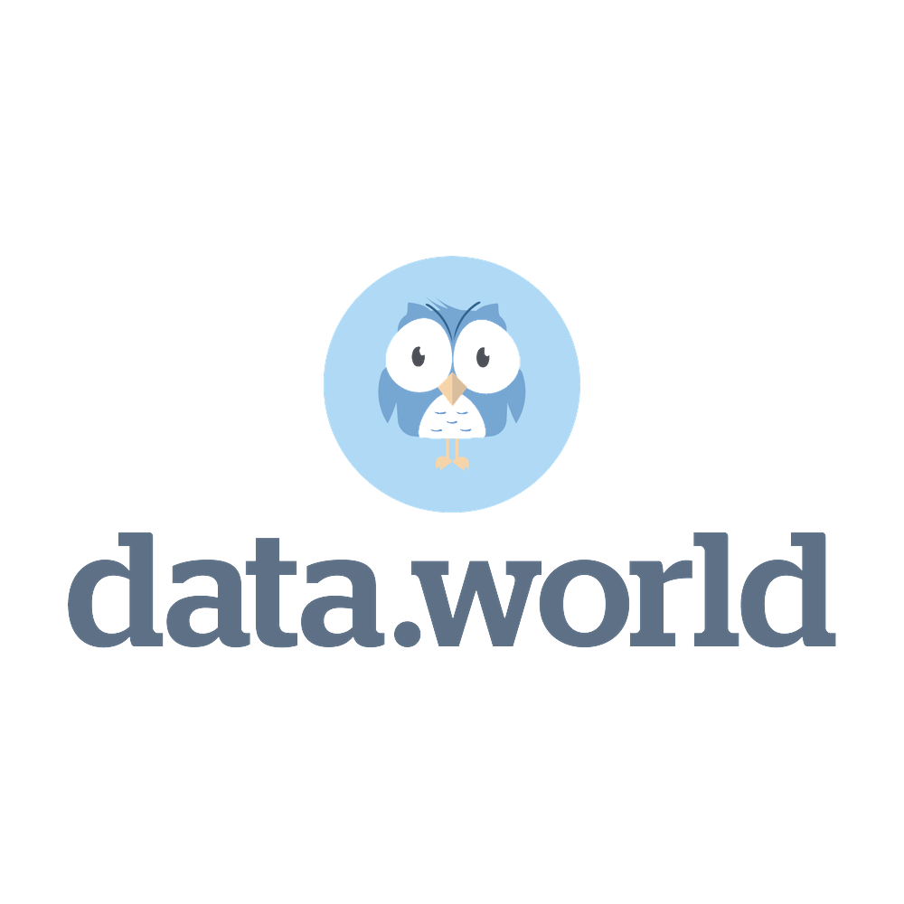 Logo of data.world featuring a cartoon blue owl with big black eyes, the owl's face forming the 'o' in 'world'. The words 'data.world' are written below in gray lowercase letters.