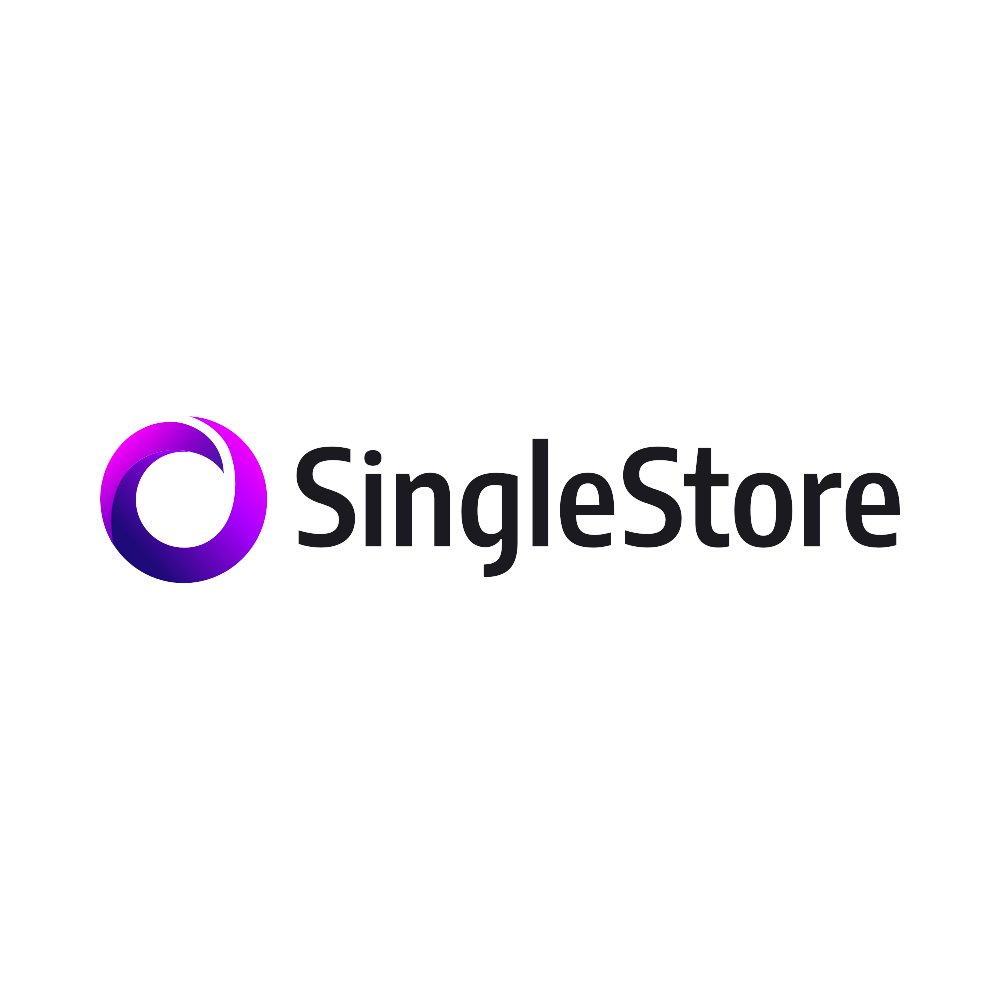 SingleStore logo with stylized purple circular design and black text