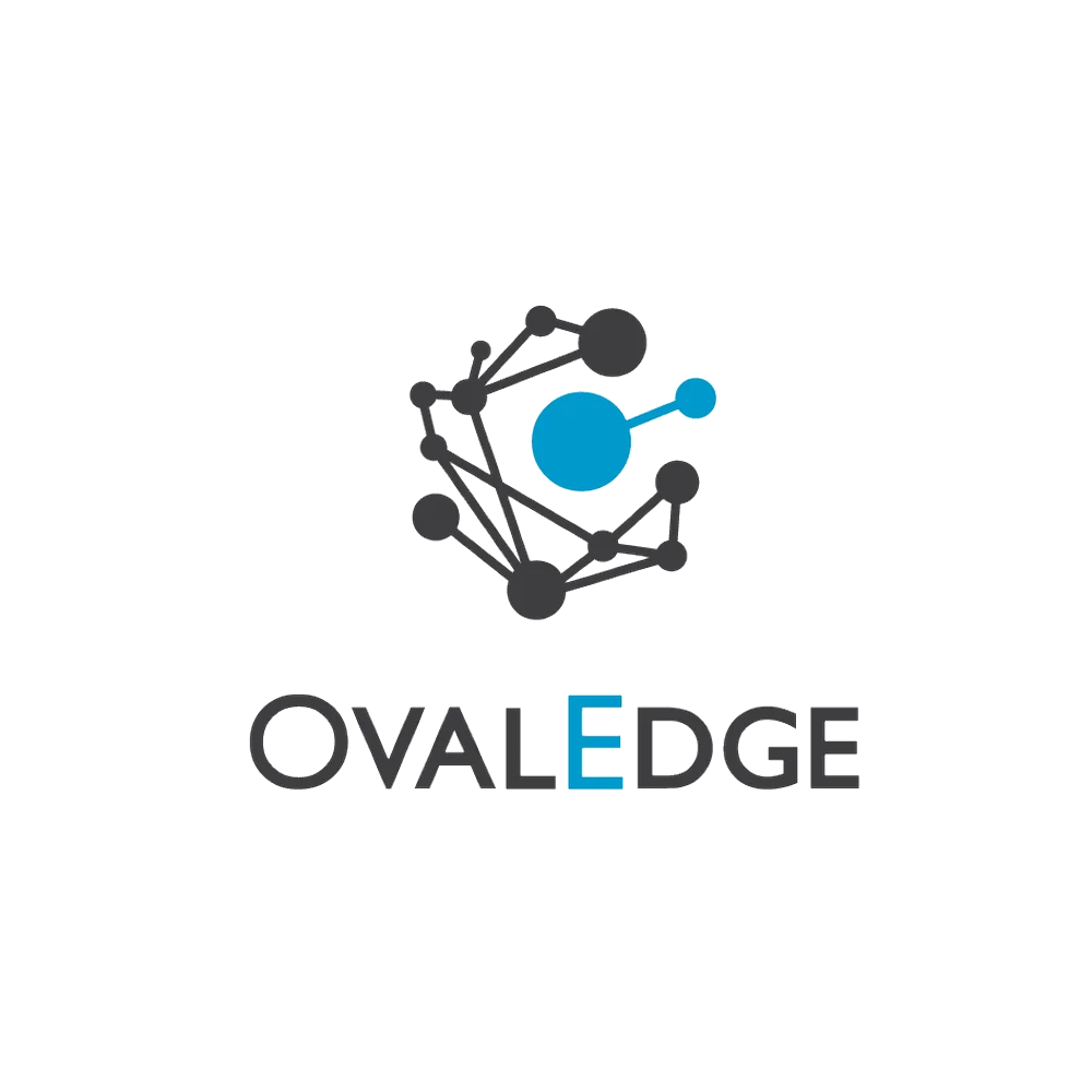 Logo for OVALedge featuring a stylized molecular structure above the text 'OVALedge' in black, with the letter 'E' highlighted in blue.