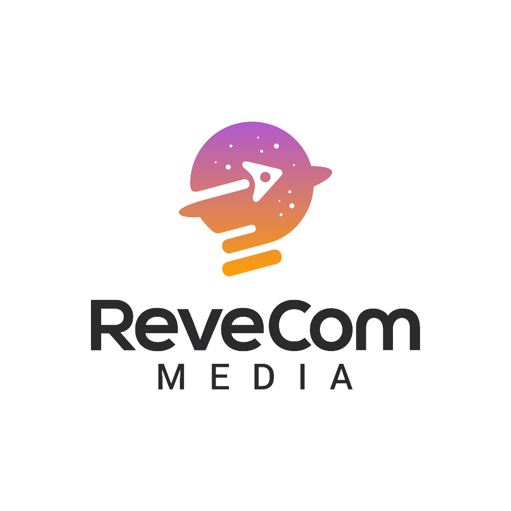 Revecom Media logo featuring a stylized planet with a spaceship orbit and a play button, with the company name below.