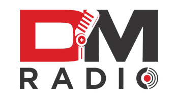 Logo for D&M Radio with red and black text and a microphone icon.