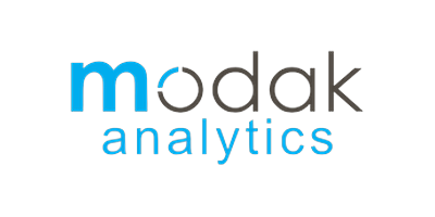 Modak Analytics logo with black background and stylized text in blue and gray.