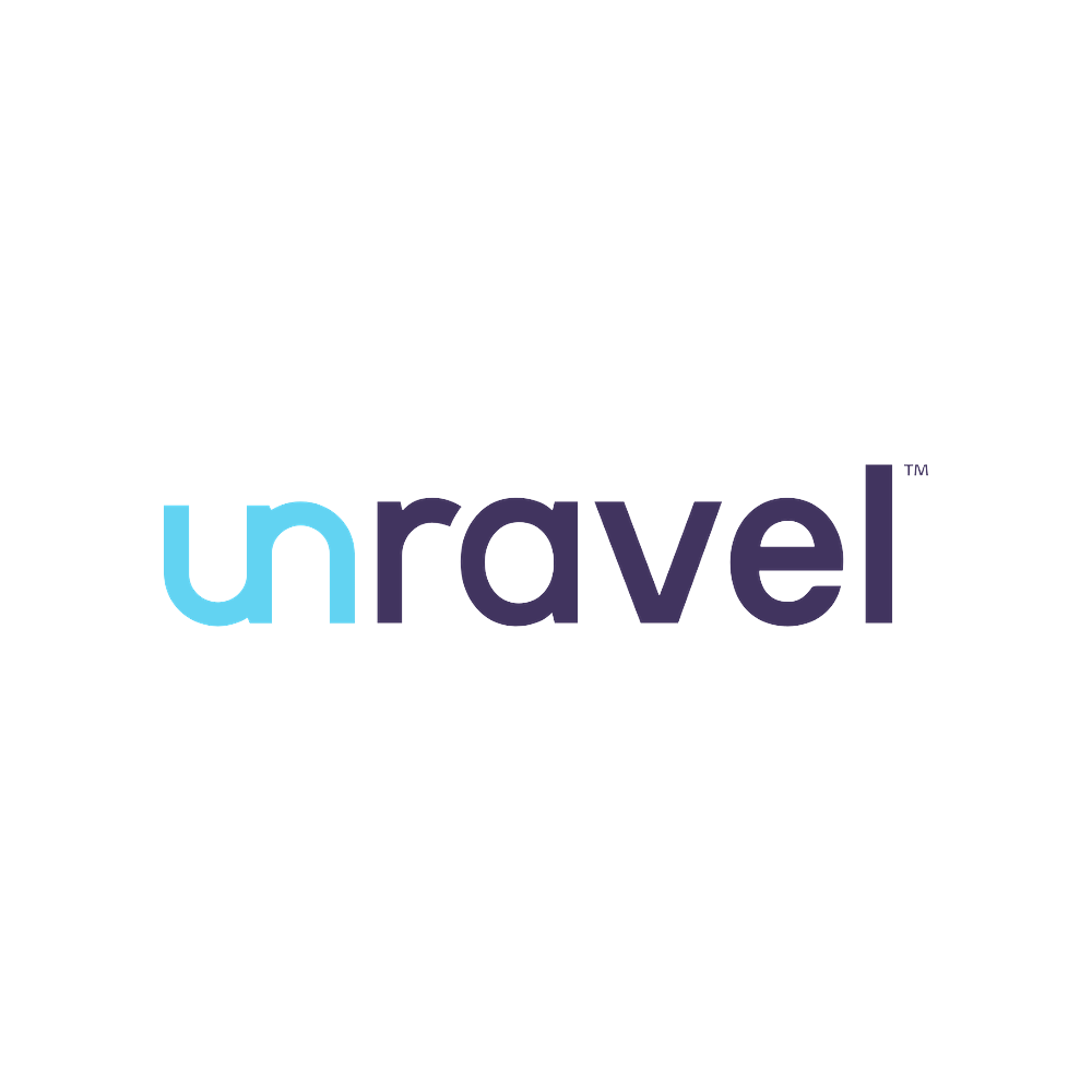Unravel logo with infinity symbol and stylized word 'unravel' in blue and purple text.